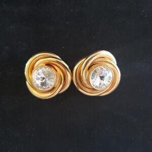 Vintage Designer ERWIN PEARL Gold Tone Earrings w/ Faceted Rhinestones